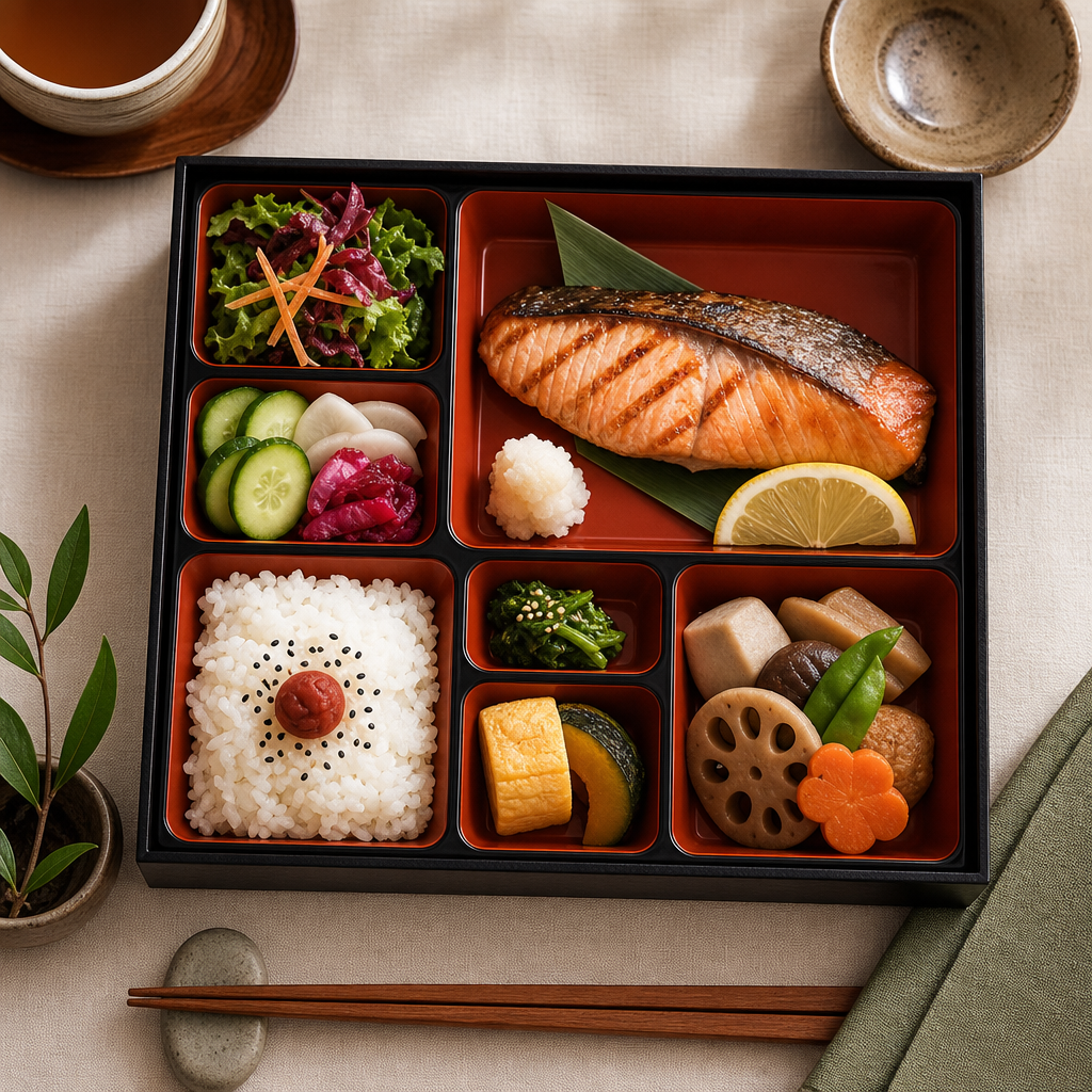 Elegant bento box with grilled salmon, rice, pickles, and seasonal sides