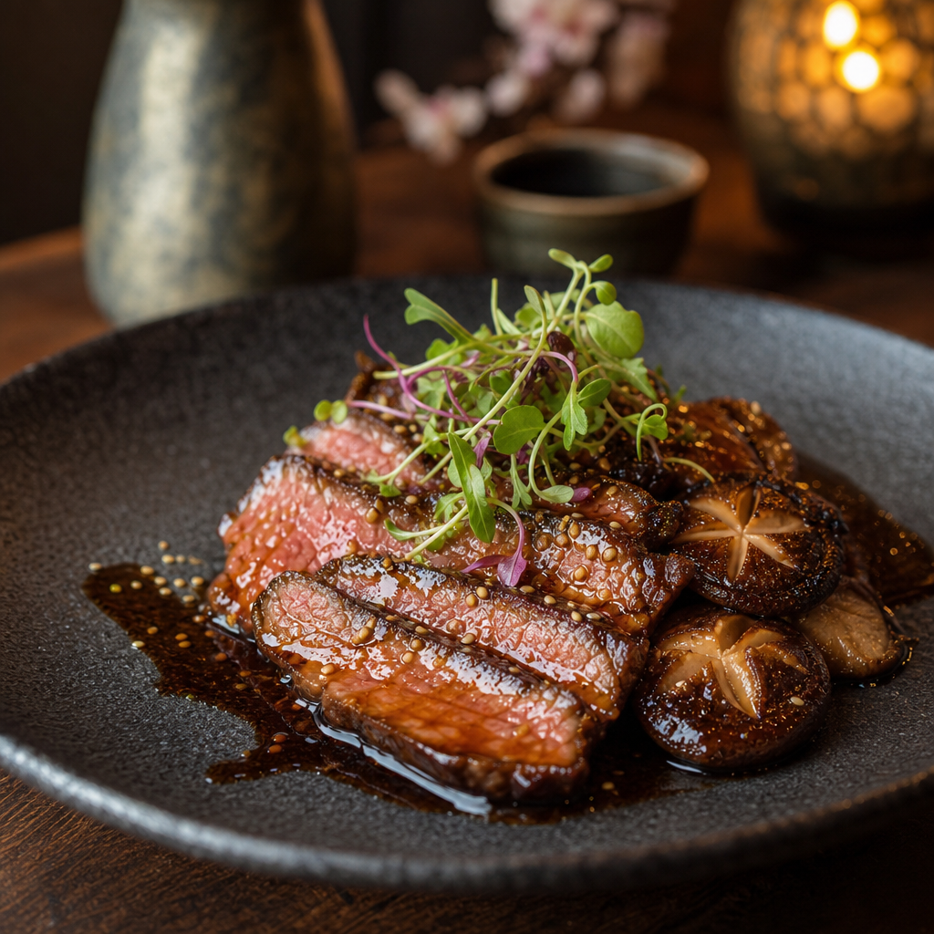Chef special plate with seared wagyu, shiitake mushrooms, and miso glaze