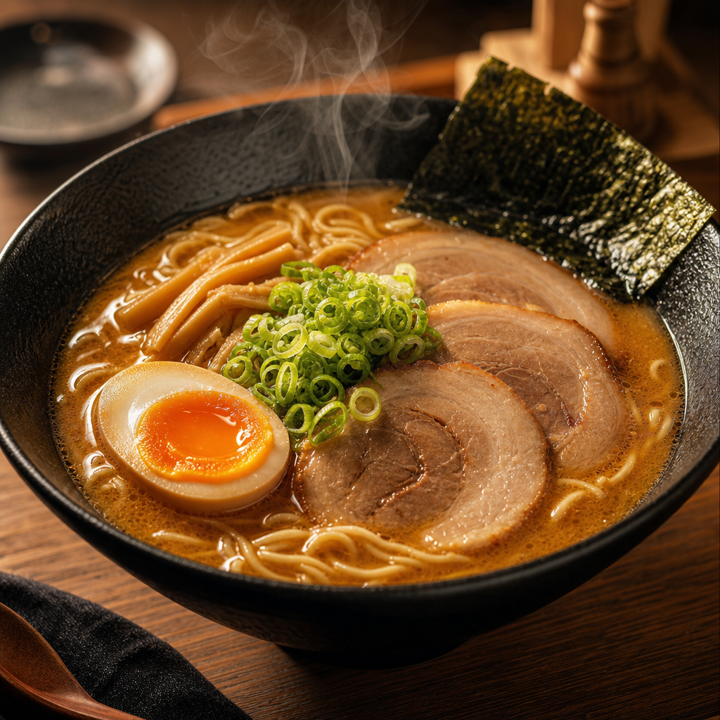 Steaming bowl of ramen with chashu pork, soft egg, scallions, and rich broth