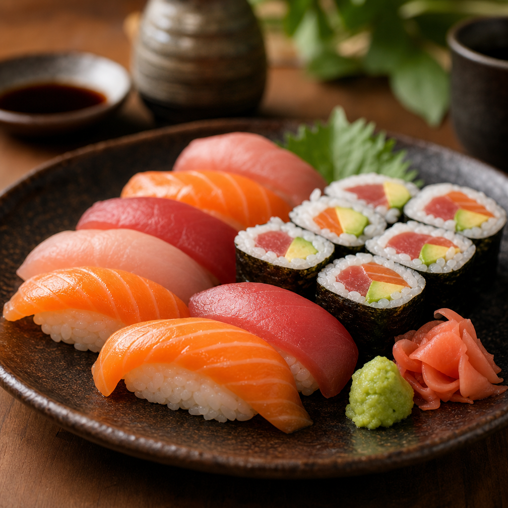 Plated assortment of nigiri and maki sushi with glossy salmon, tuna, and avocado
