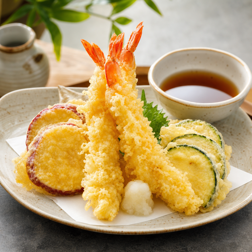 Crisp tempura assortment with shrimp, sweet potato, and zucchini on a ceramic plate