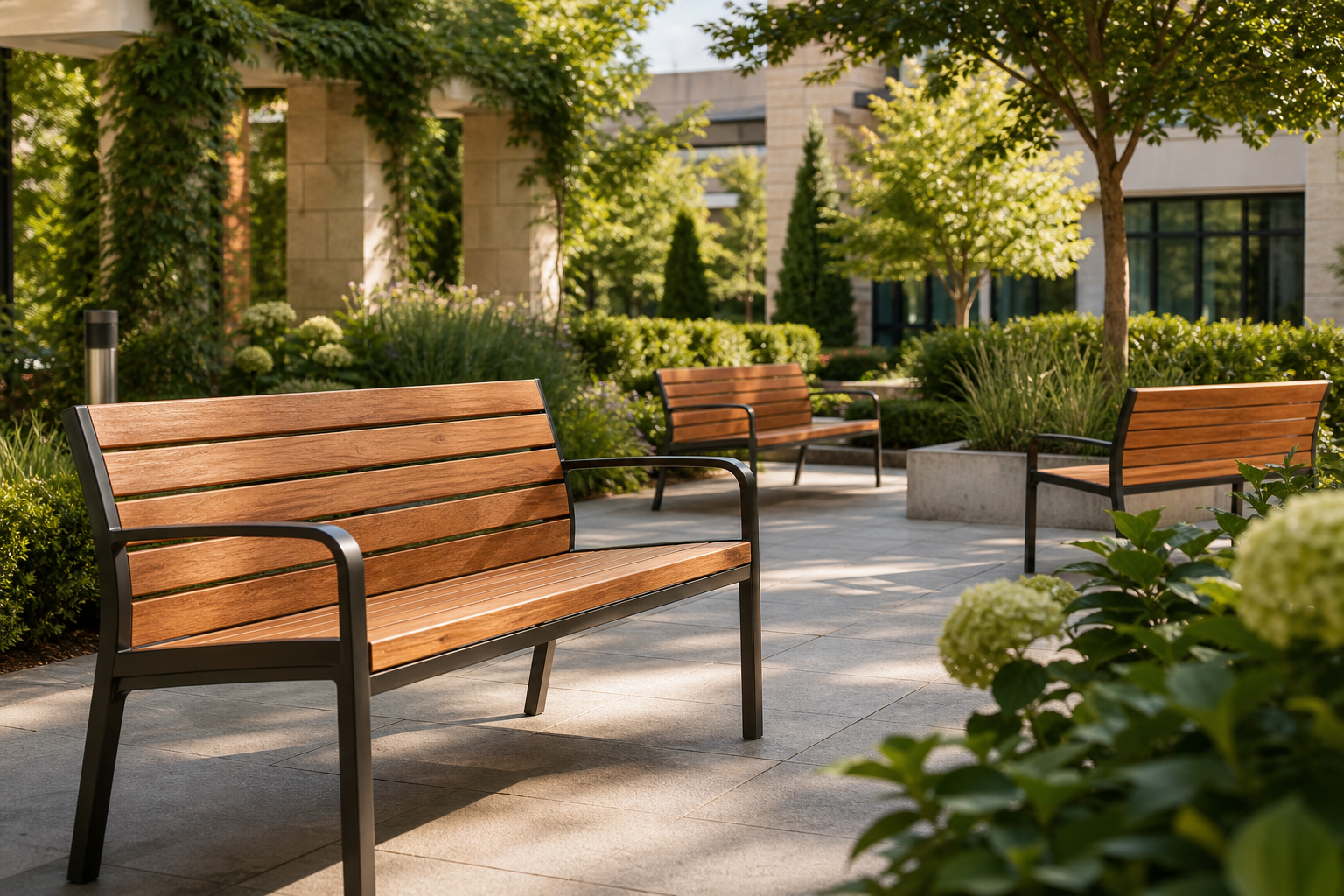 Handcrafted garden benches in a landscaped commercial courtyard with natural wood and metal details