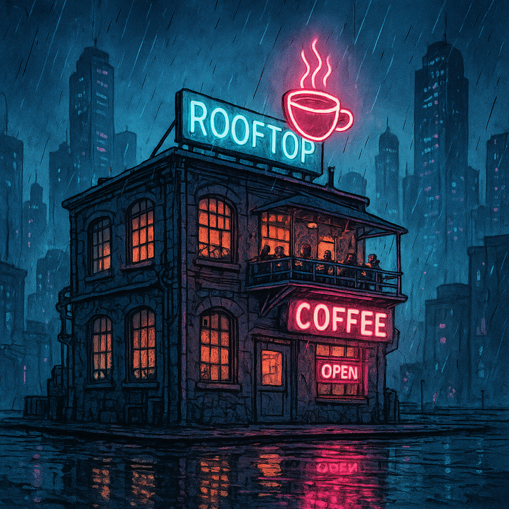 Old factory building rooftop coffee shop glowing in the rain with neon signage