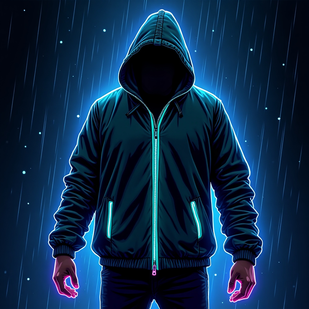 Neon jacket icon with rain and glow