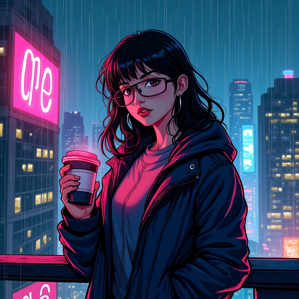 Portrait of a young designer enjoying coffee under neon signage on a rainy rooftop