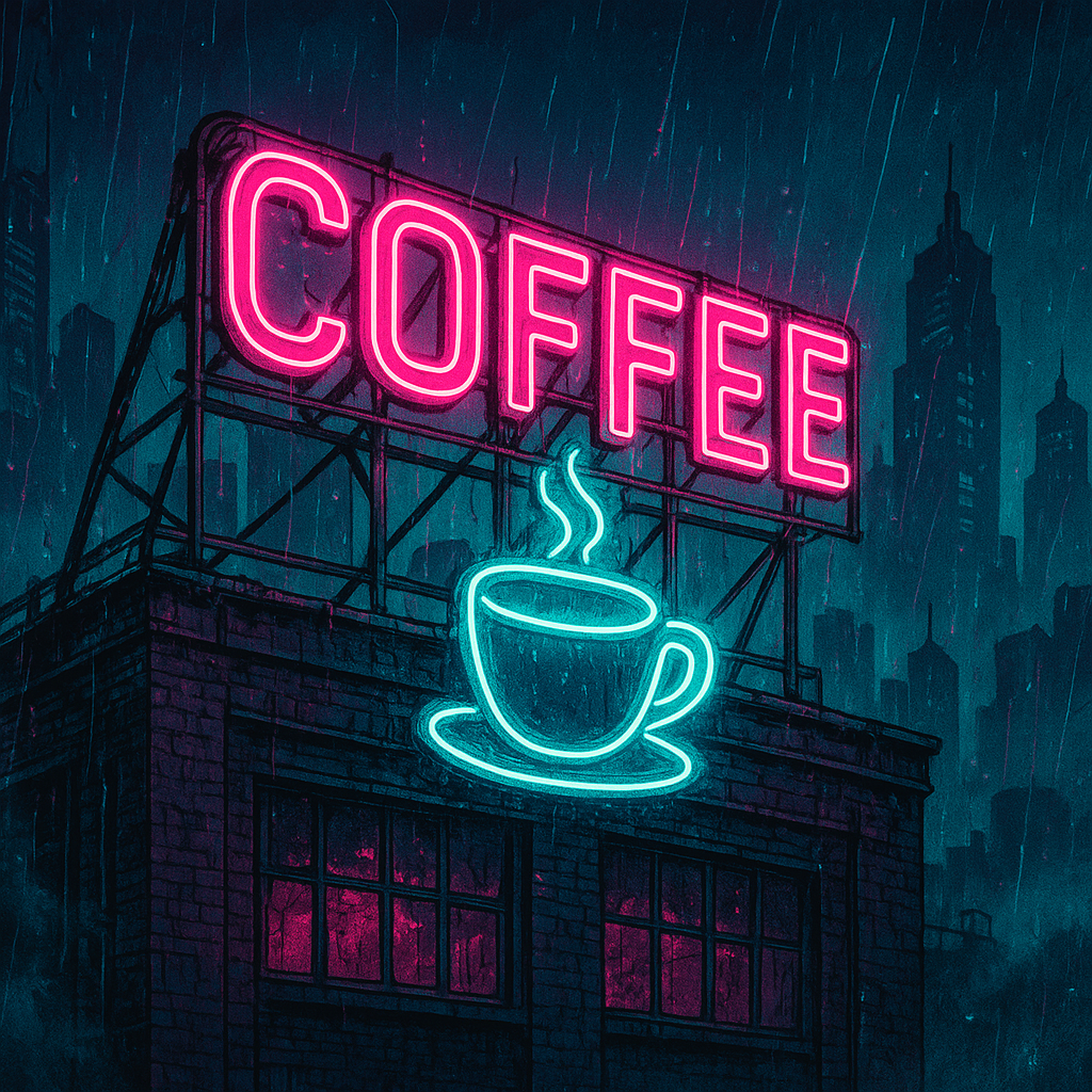 Illustrated neon rooftop coffee signage glowing in the rain