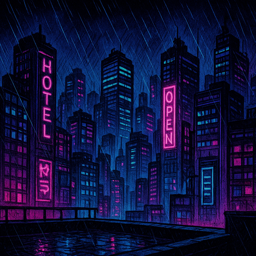 Panoramic city views in neon-lit rain