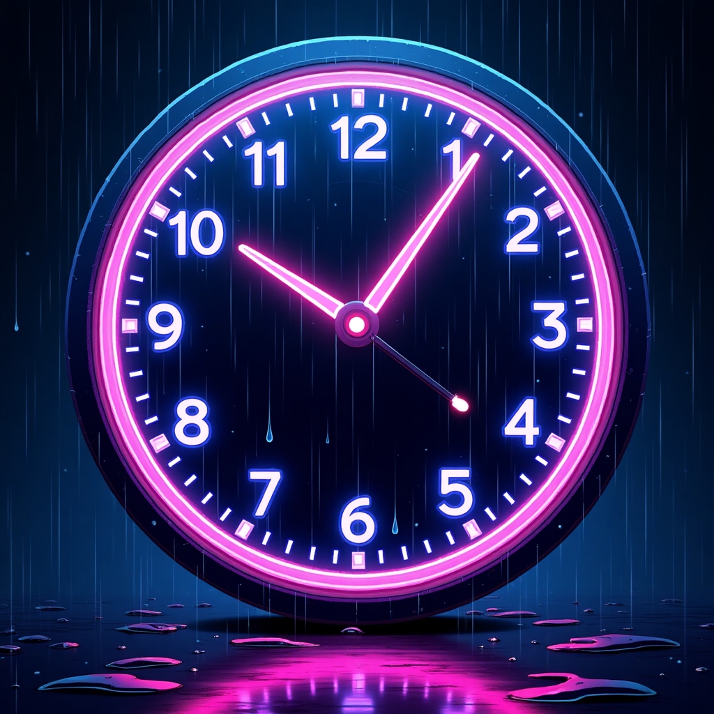 Neon clock icon with rain and glow