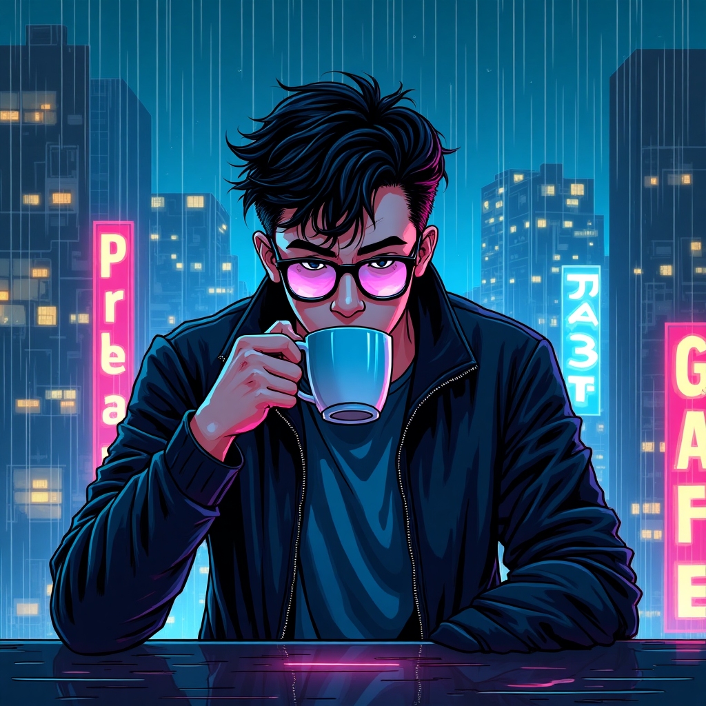 Portrait of a young analyst holding a glowing cup with city skyline reflections