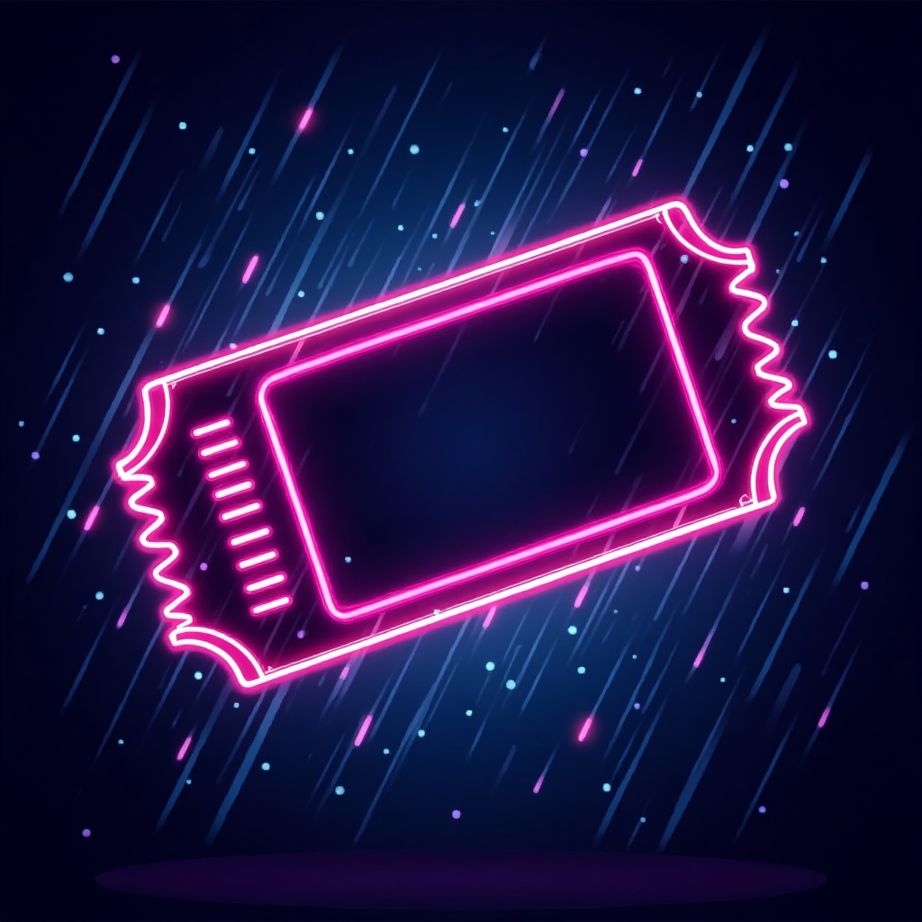 Neon ticket icon with rain and glow