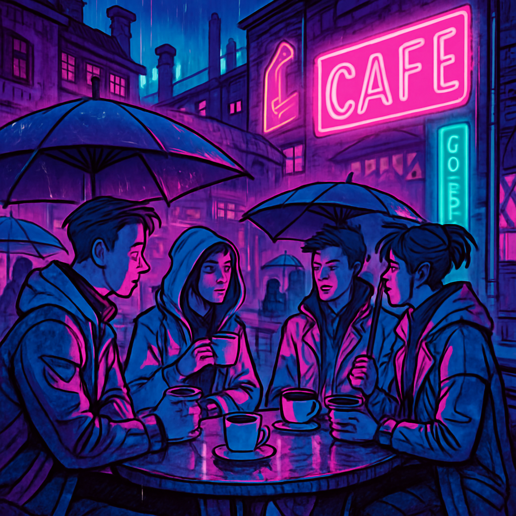 Young professionals drinking coffee under neon lights on a rooftop