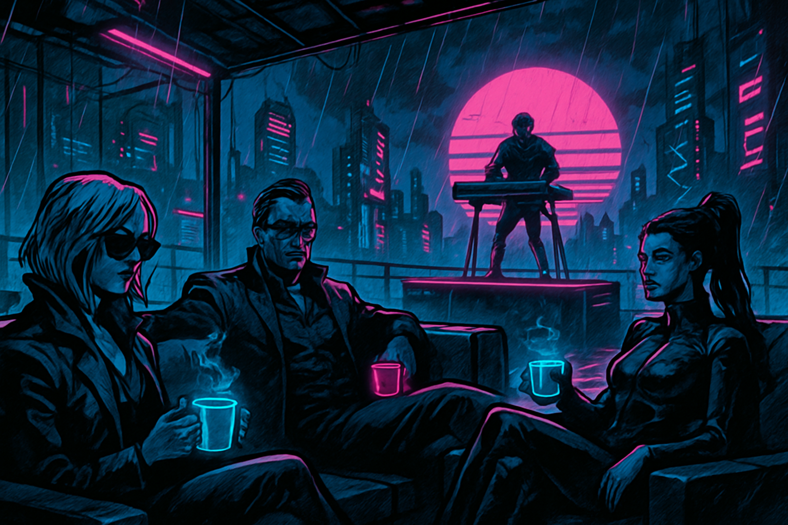 Cyberpunk comic scene of VIP guests enjoying coffee on a neon-lit rooftop with synthwave stage and city skyline