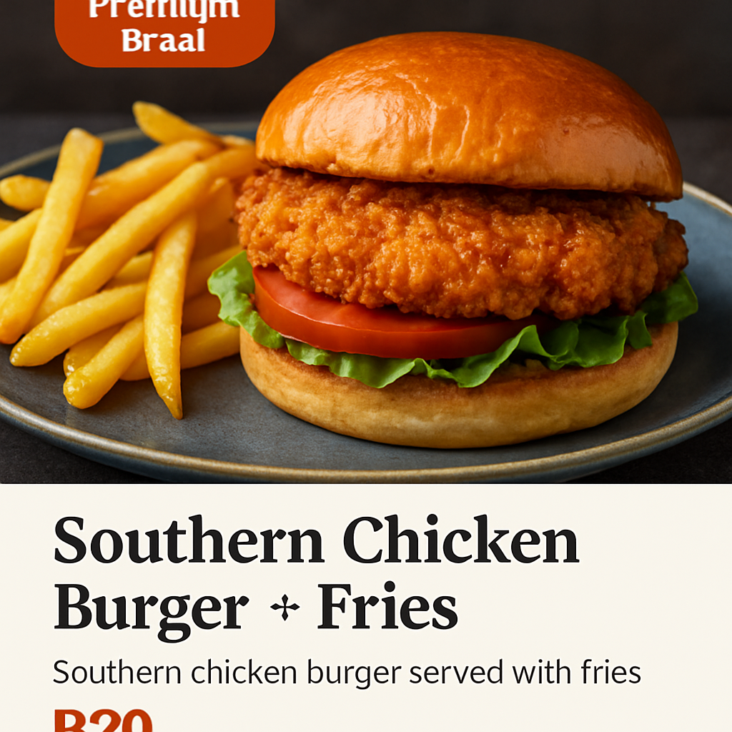 Southern Chicken Burger + Fries braai item