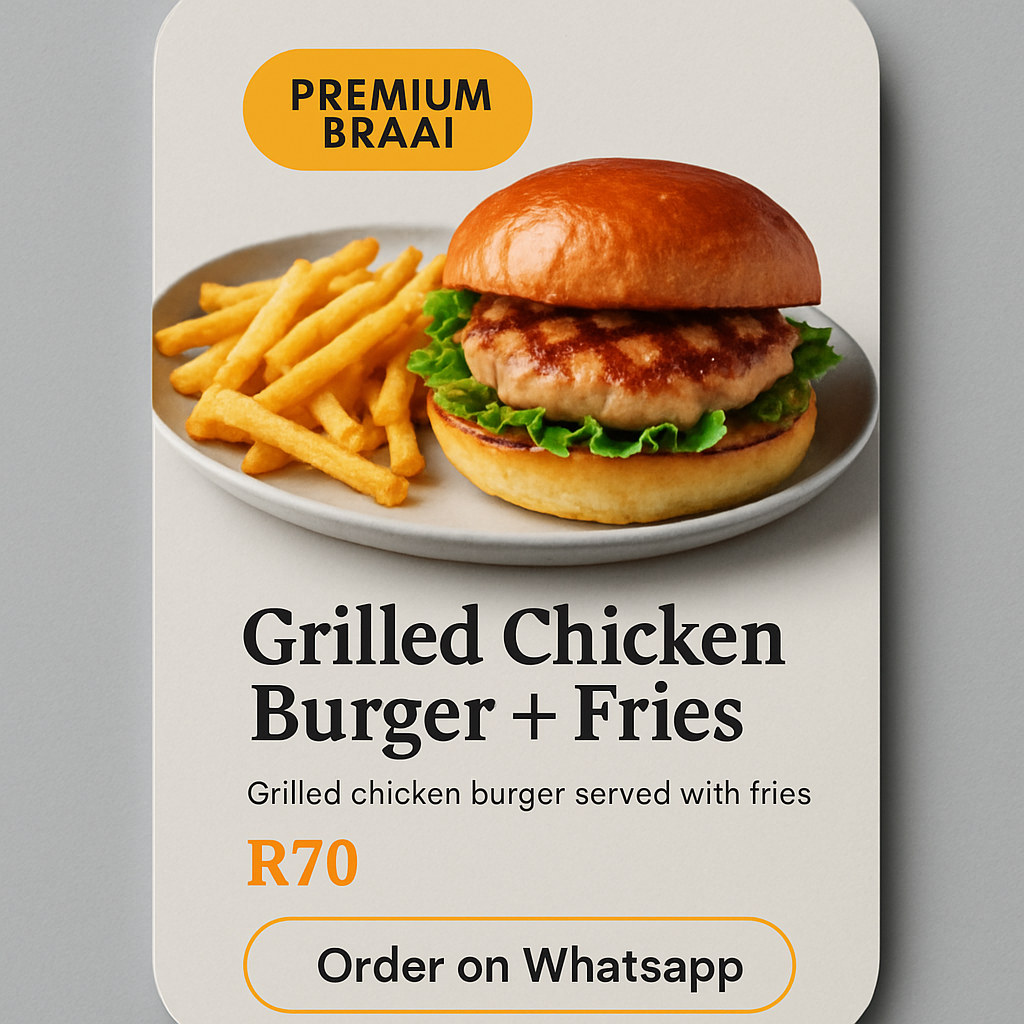 Grilled Chicken Burger + Fries braai item