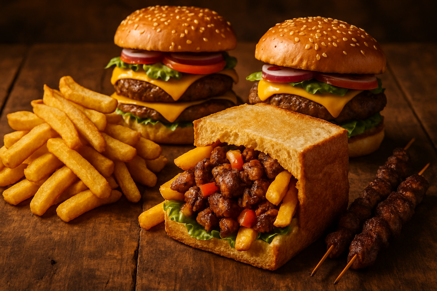 Assorted burgers, kota, chips, and grilled street food