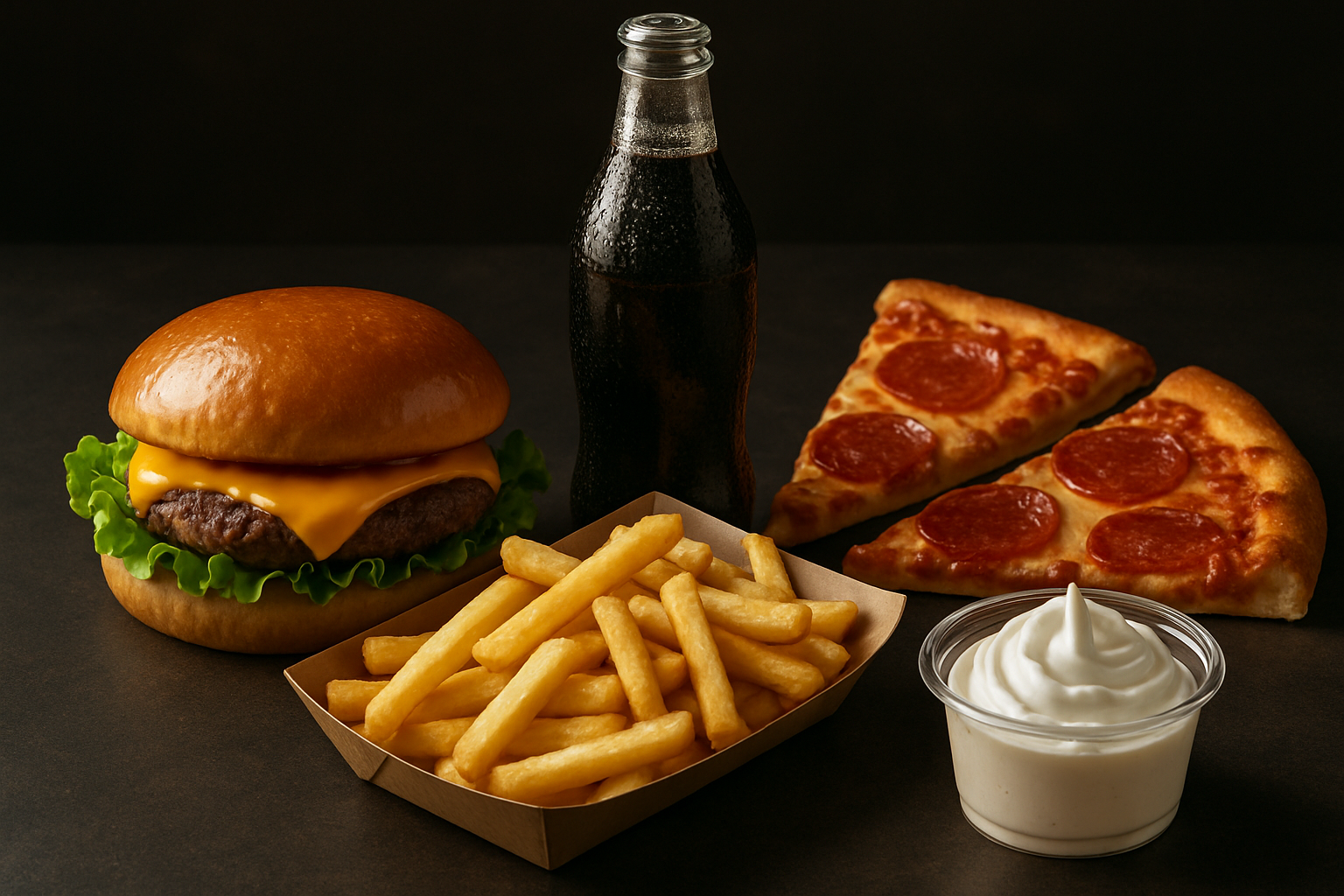 Assorted fast food spread with burgers, pizza slices, chips, drinks, and dessert