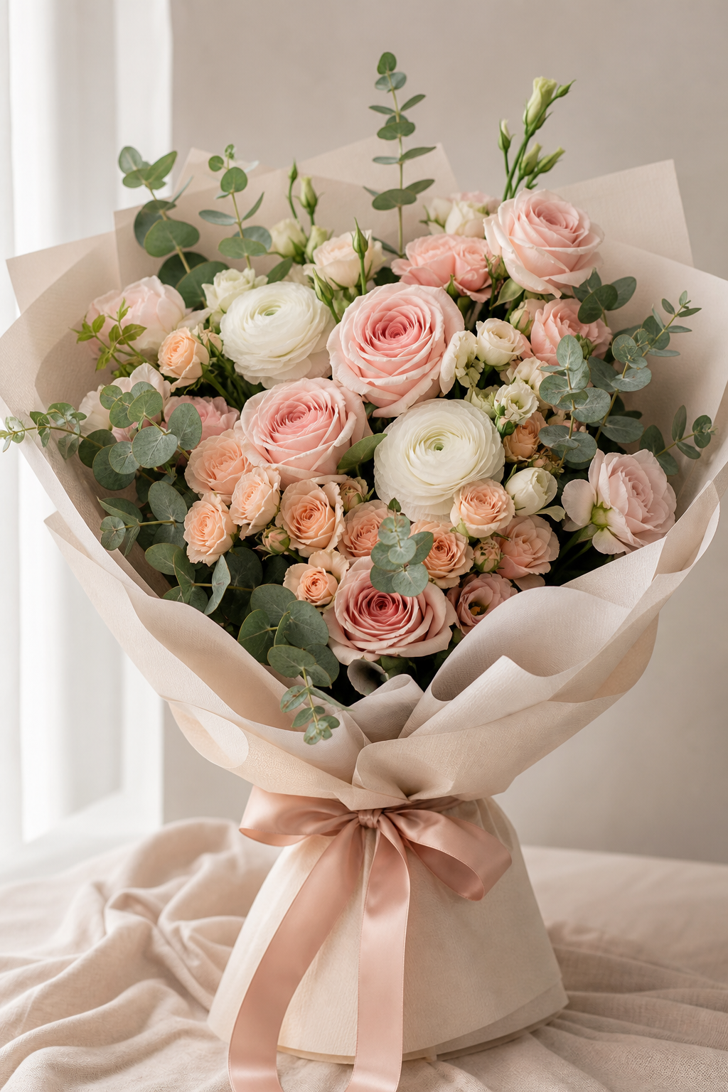 Lush blush and cream bouquet with roses, ranunculus, and soft greenery wrapped in creamy paper