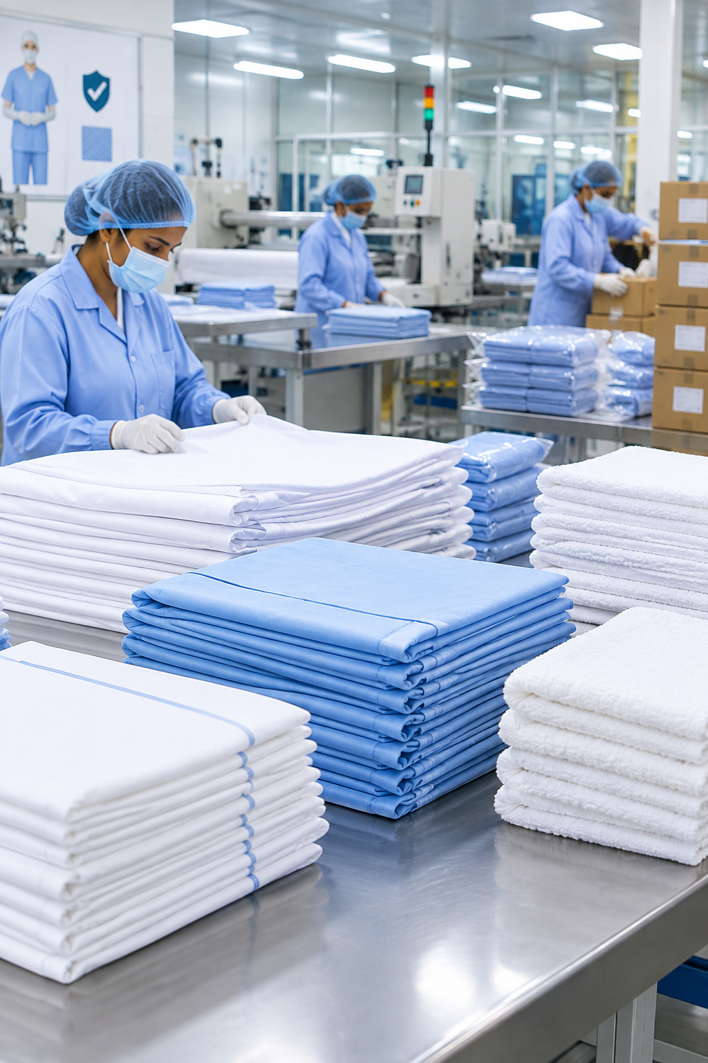 Close-up of an organized medical textile production line with folded hospital linens prepared for export packing