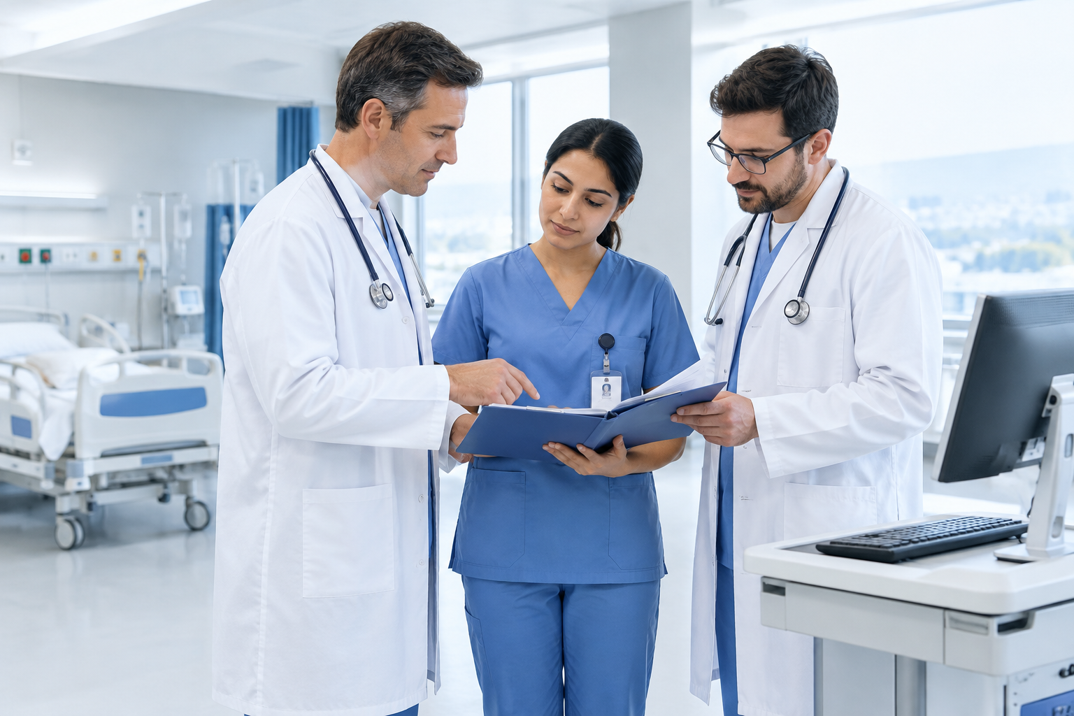 Hospital doctors and nurses in professional medical uniforms reviewing patient charts in a bright, clean clinical ward