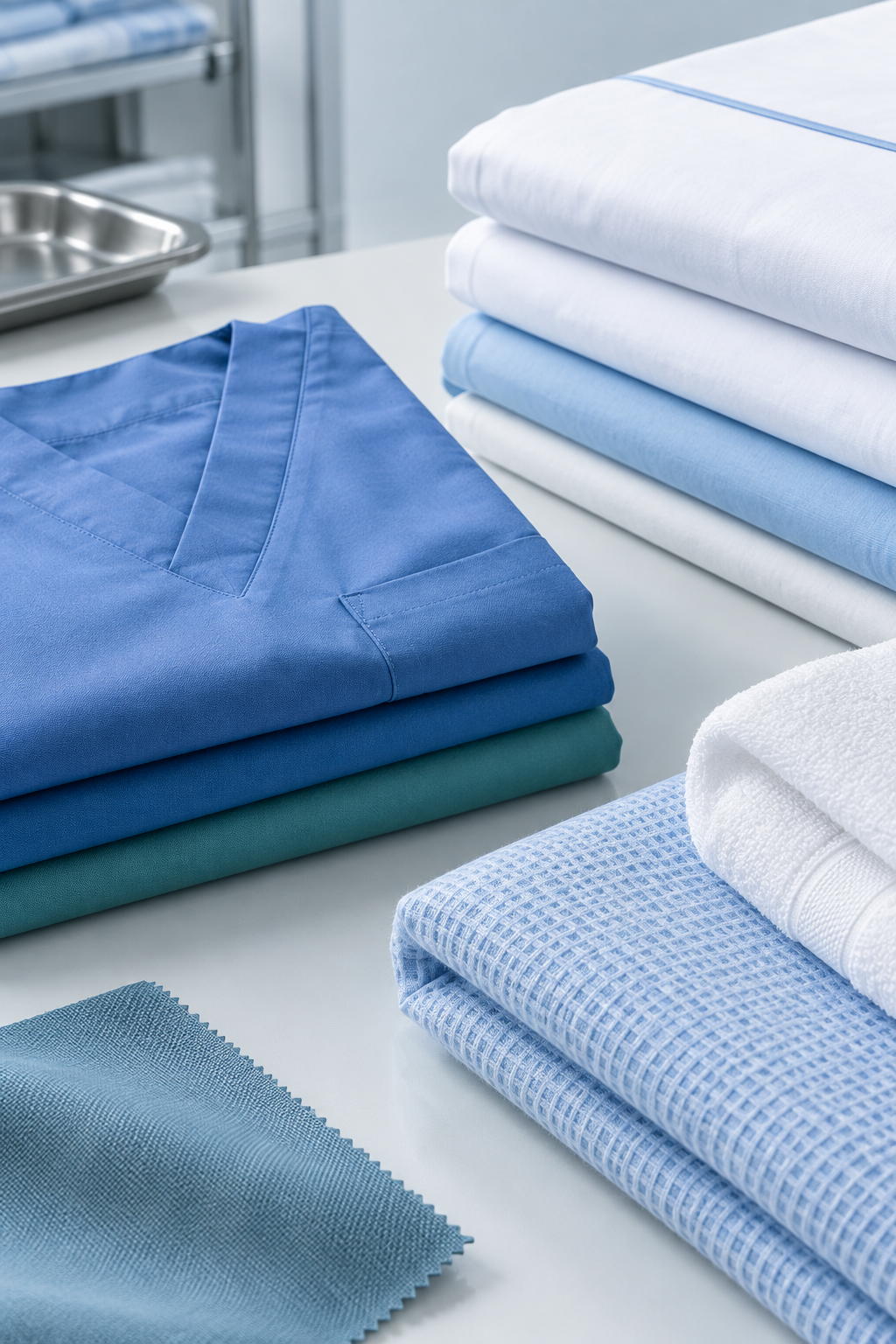 Close-up of premium medical apparel and hospital textile fabric detail in a clinical setting
