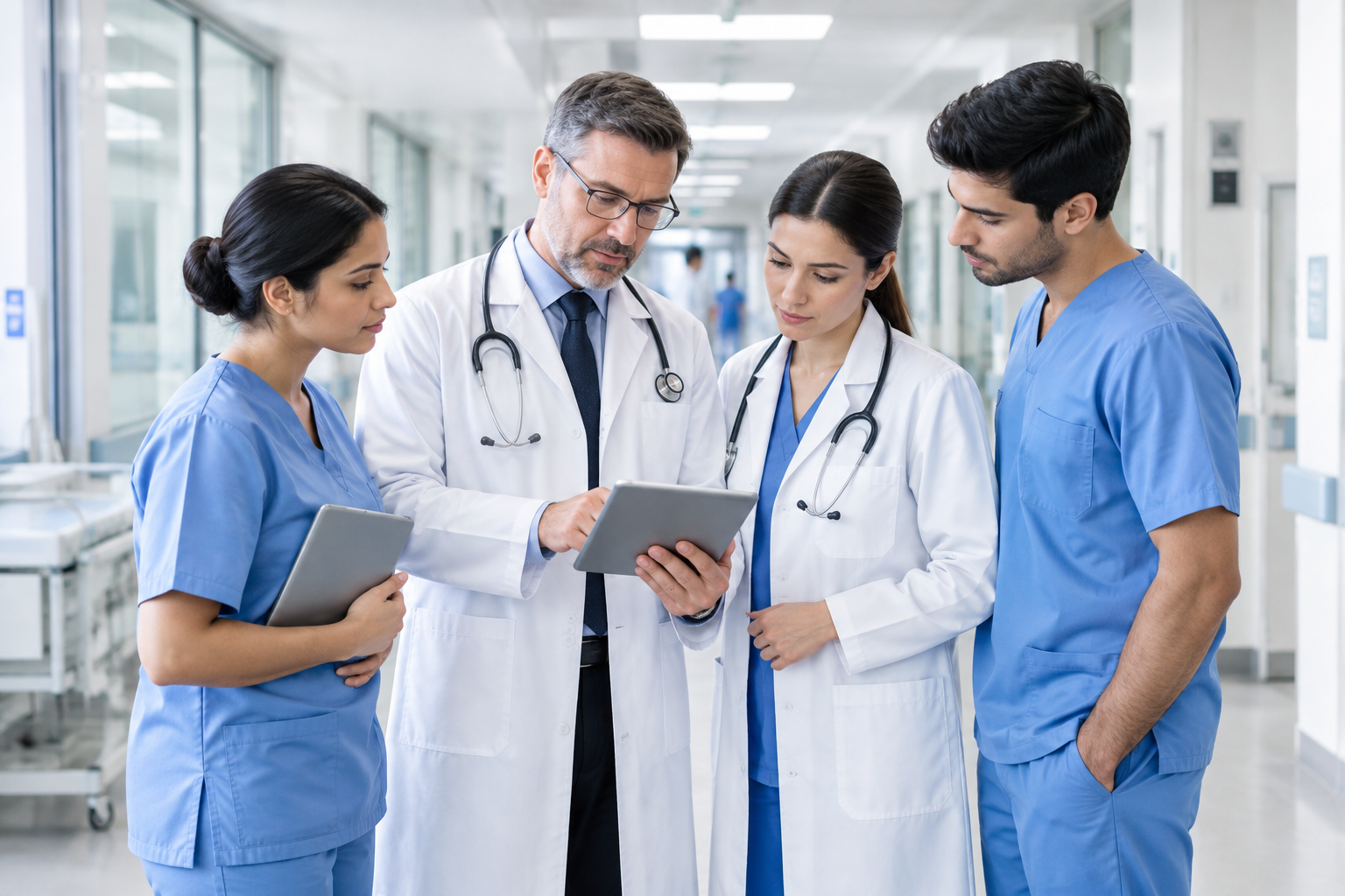 Doctors and nurses in modern clinical uniforms collaborating in a bright hospital corridor