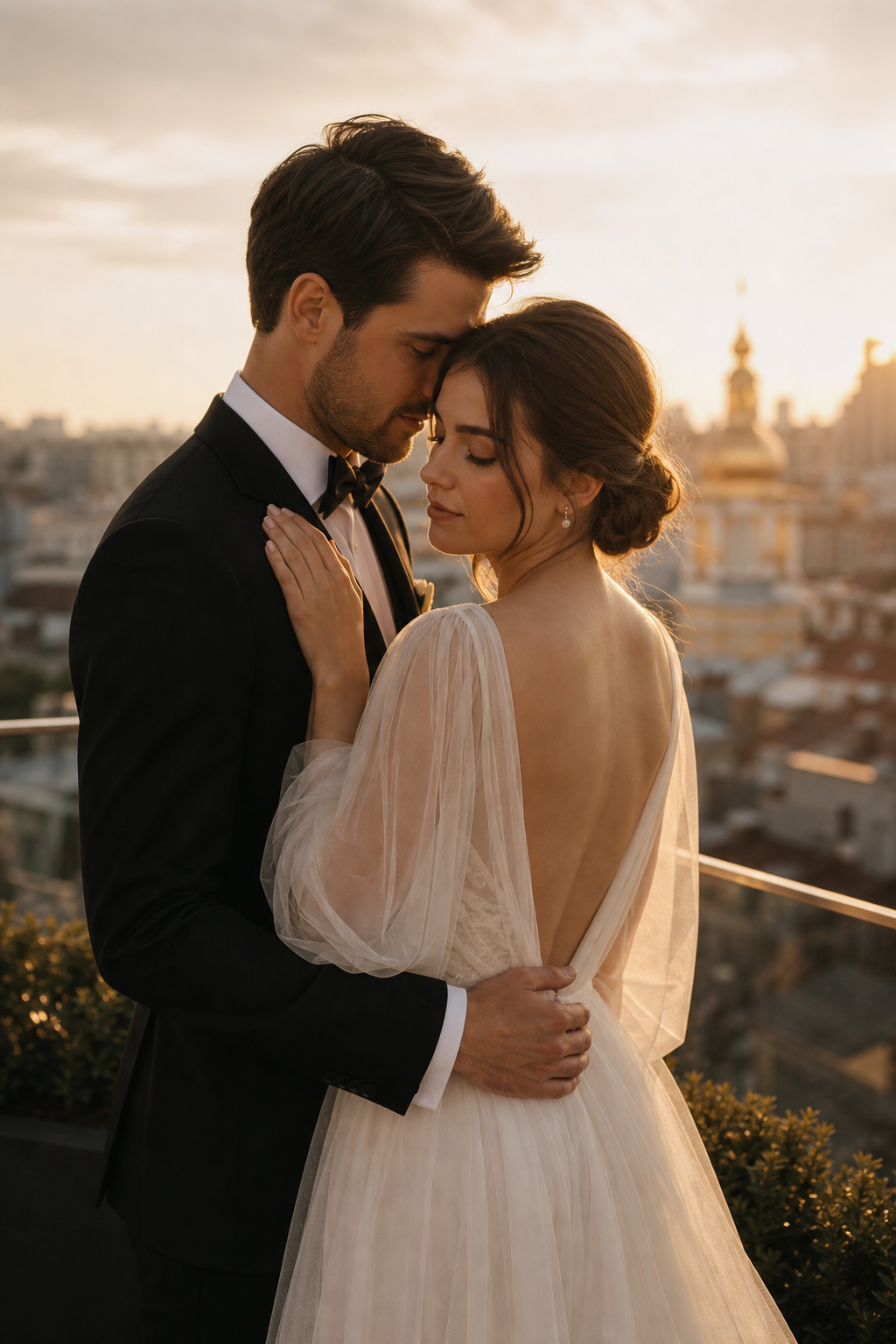 Bride and groom embracing softly in warm golden evening light on a Kyiv rooftop overlooking the city