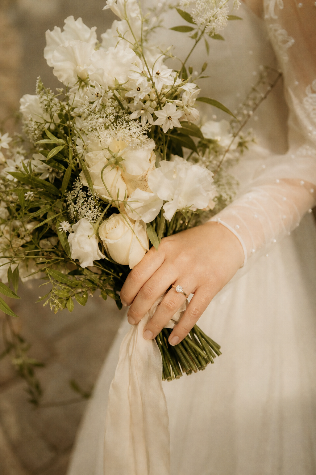 Close-up of a bride's hand gently holding a delicate bouquet of white and cream flowers