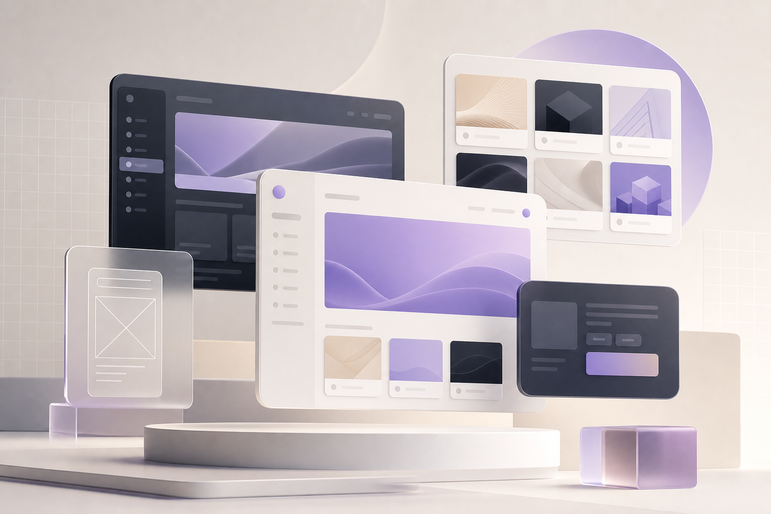 Refined abstract studio interface composition with layered dashboard cards, wireframe panels, and soft geometric accents in a premium minimal style
