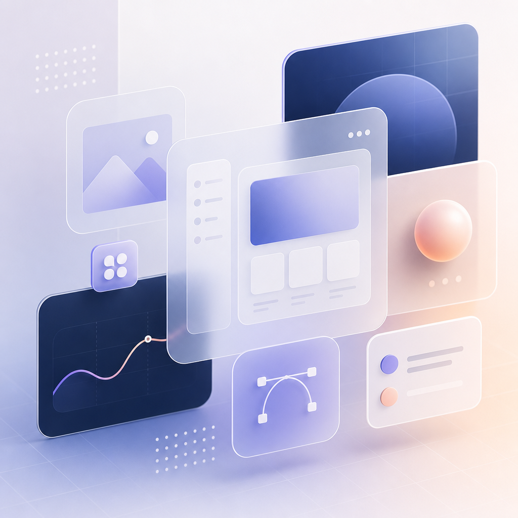 Abstract premium interface accent with geometric UI fragments and soft gradient surfaces