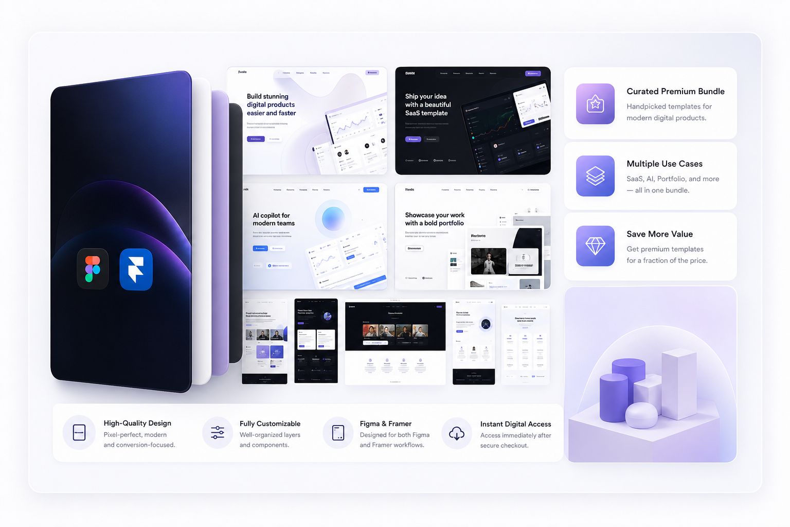 Curated template bundle preview with layered product cards and highlighted value blocks