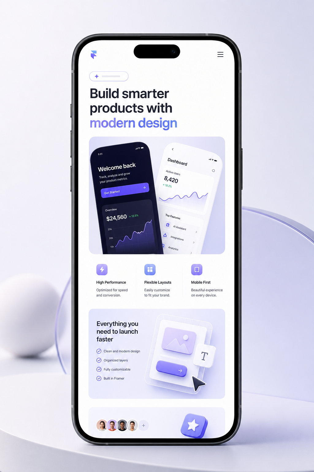 Framer mobile template frame with bold typography and app-style content modules