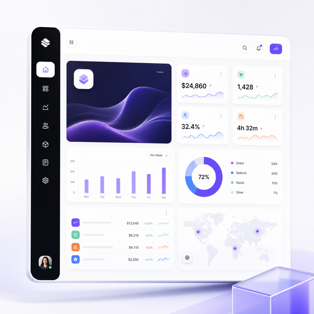 SaaS dashboard template panel with metrics cards and modern sidebar navigation