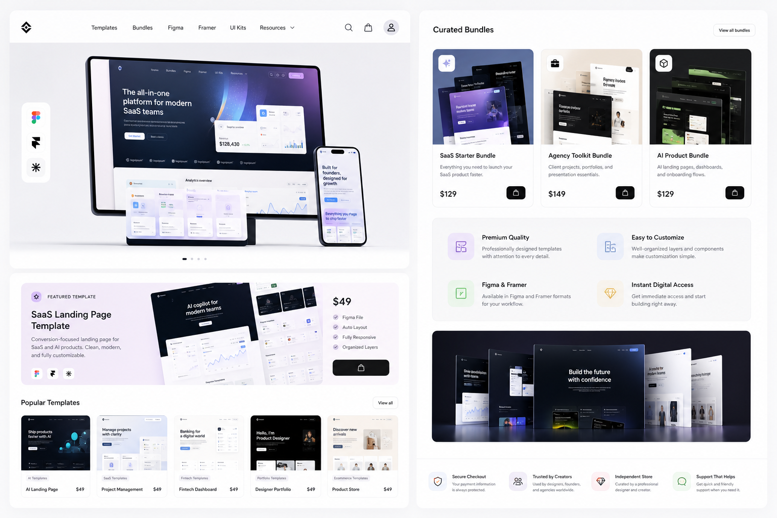 Premium Figma storefront template preview with clean product cards and pricing layout