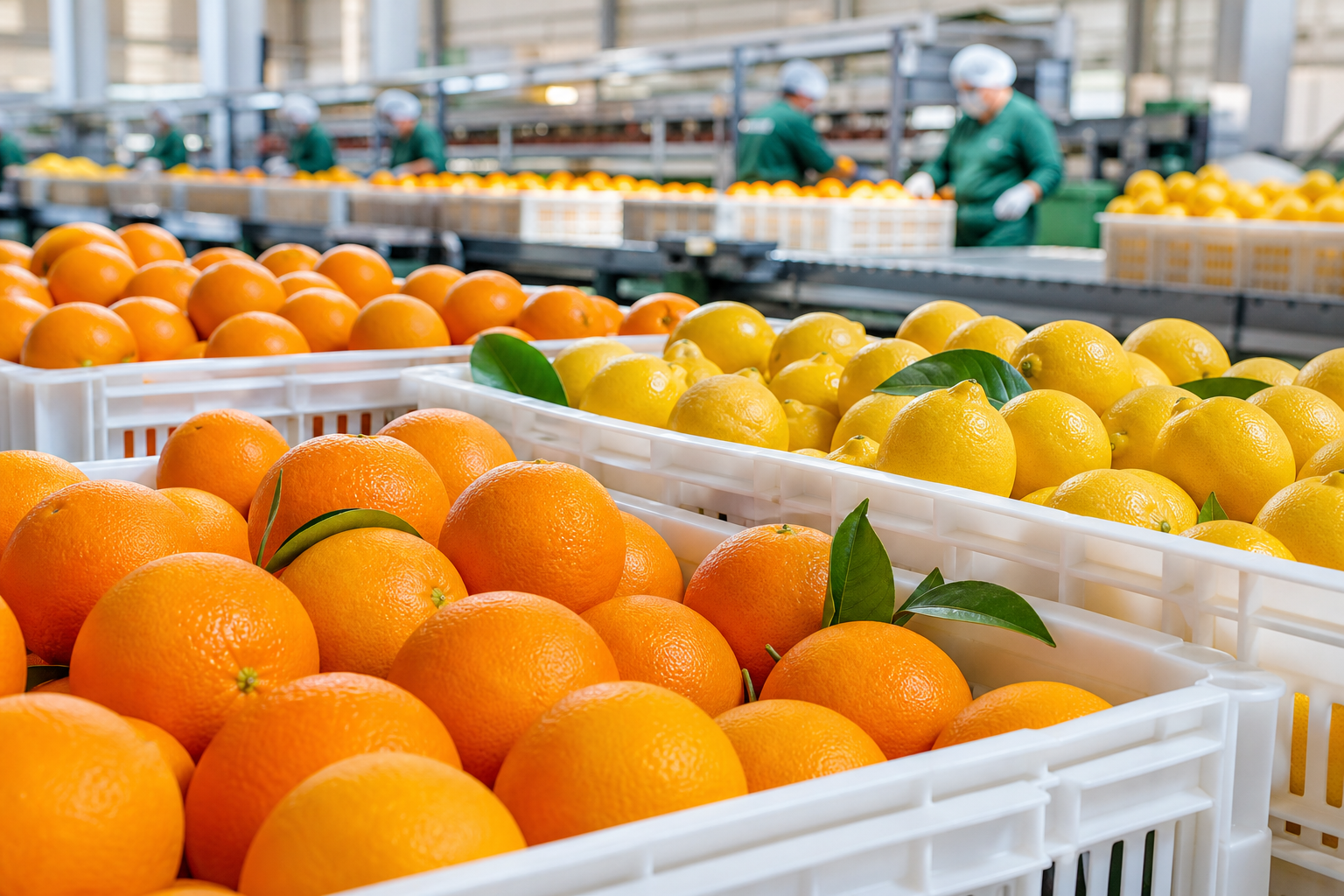 Freshly harvested oranges and lemons sorted in clean export crates
