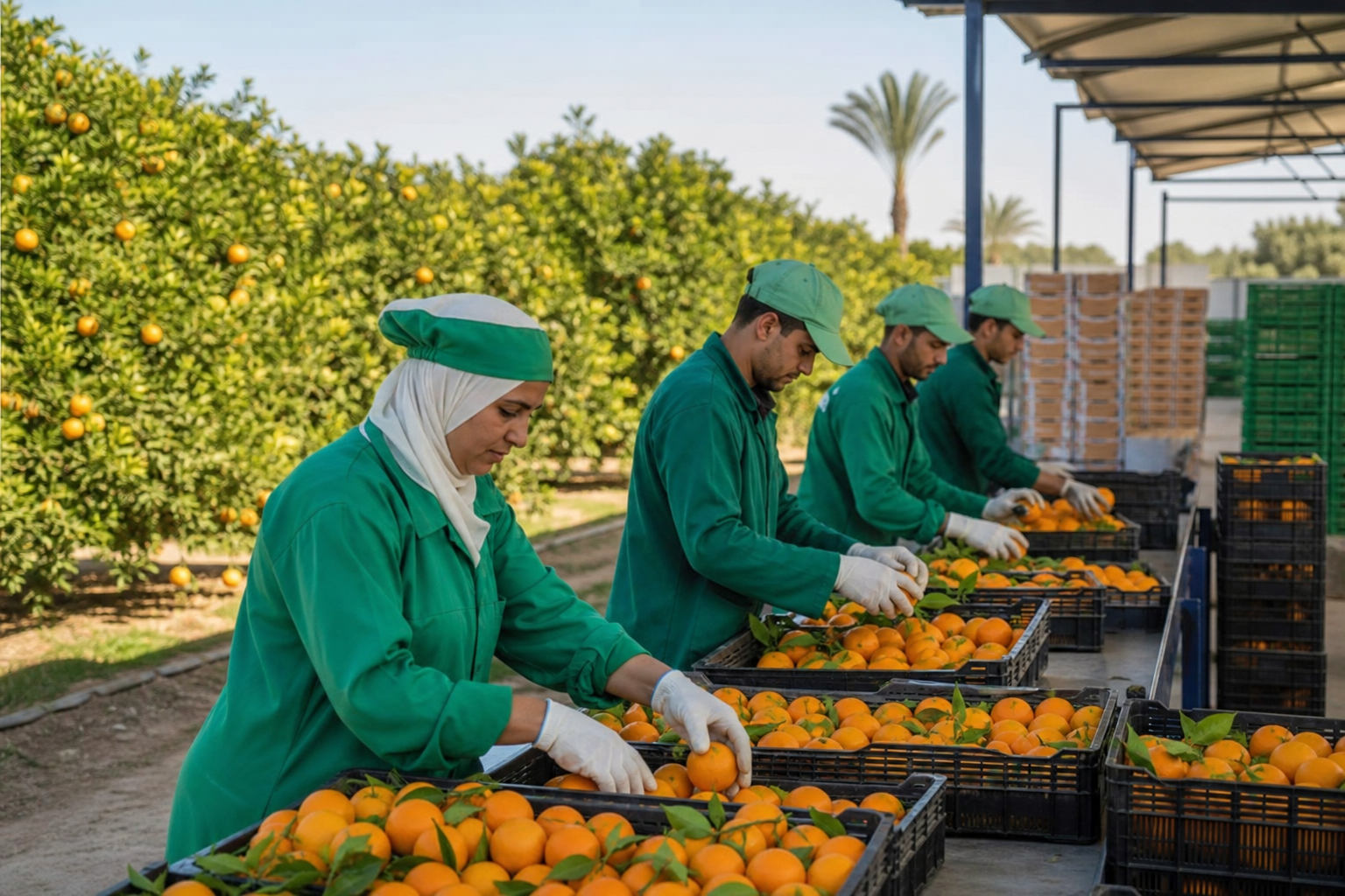 Agriculture team preparing harvested citrus crates in a clean export-ready packing area
