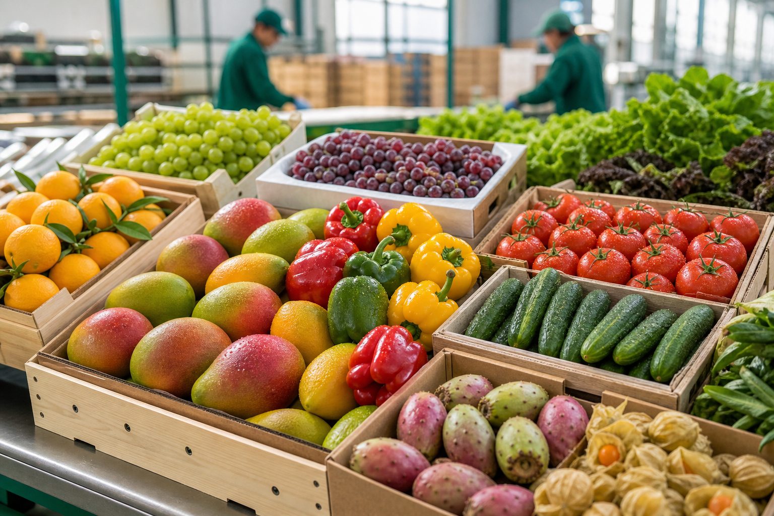 Export-ready assortment of fresh Egyptian fruits and vegetables arranged in clean packing crates