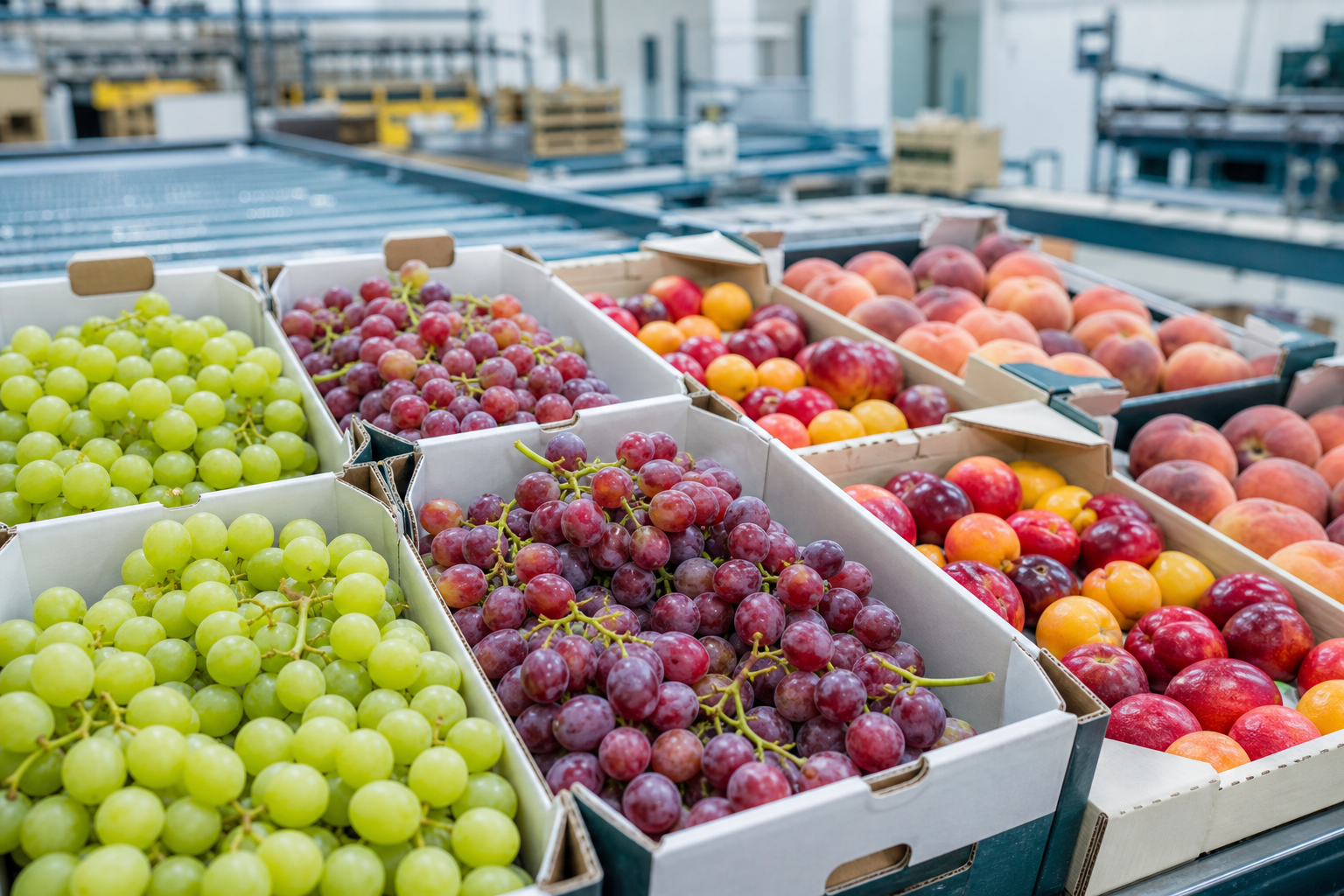 Premium grapes and stone fruit arranged in export trays