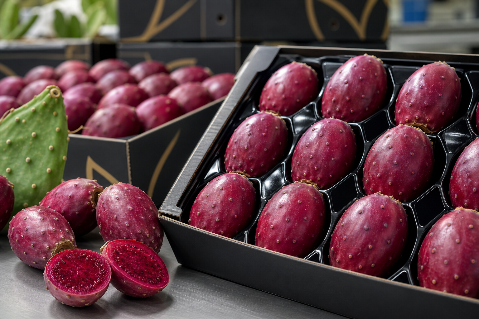 Deep magenta prickly pears with subtle de-thorned finish in export packaging