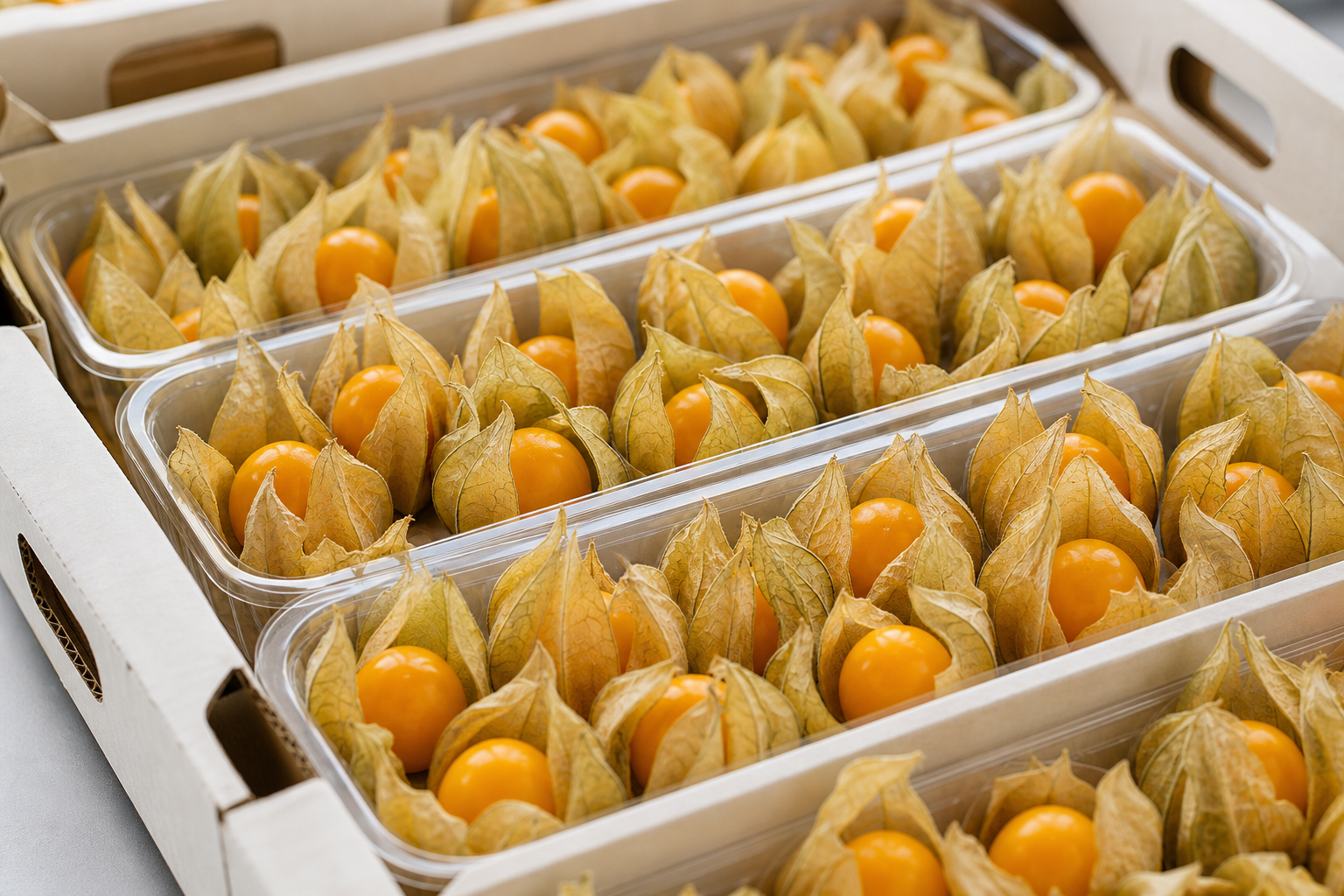 Golden physalis berries in papery husks arranged in neat export trays