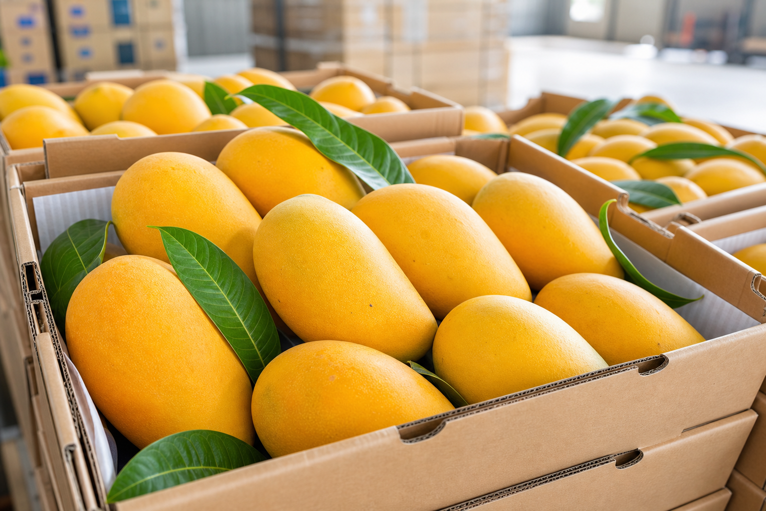 Fresh yellow-orange mangoes in export crates with clean branded tags