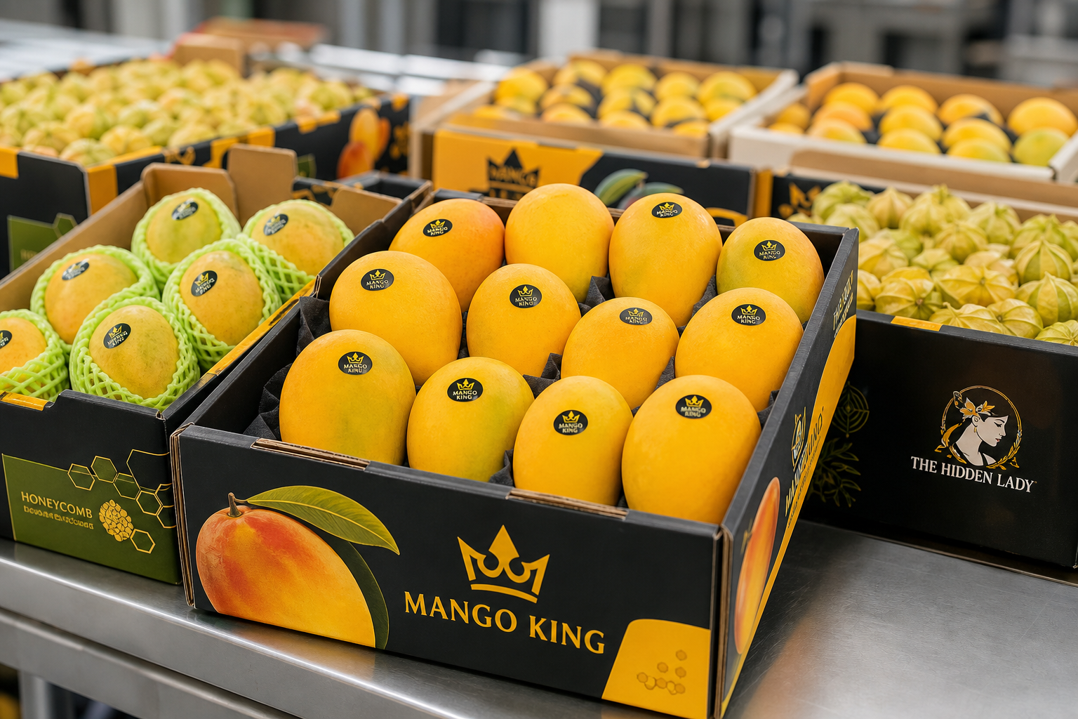 Ripe export mangoes and tropical fruit in branded packing