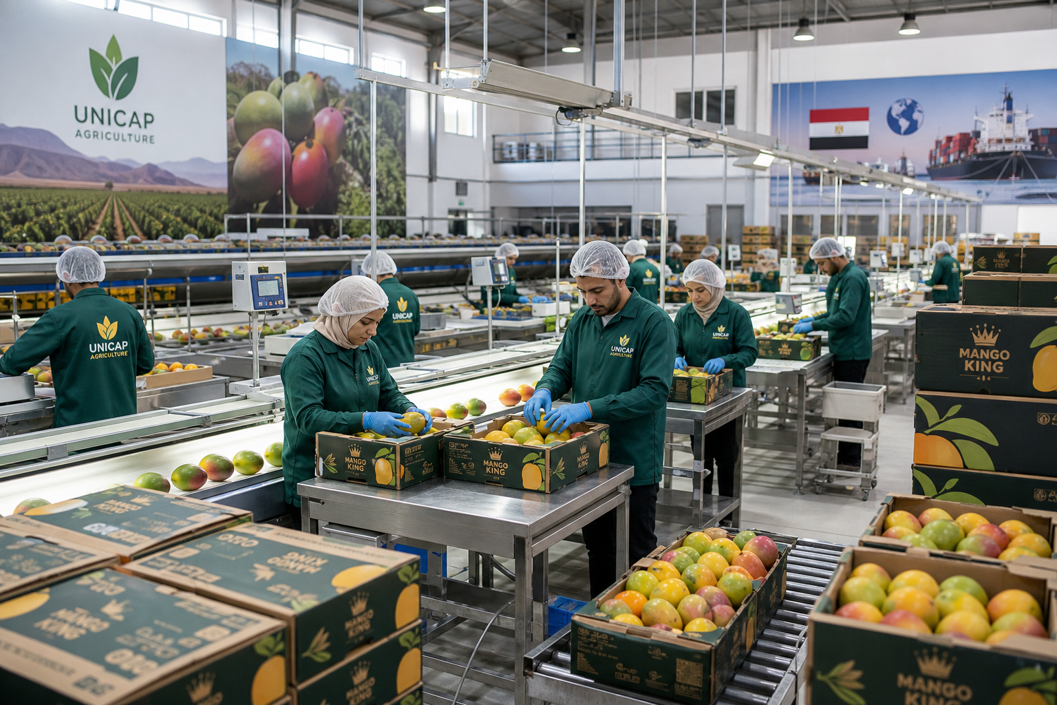 Workers in a modern produce packhouse sorting and packing export cartons on a quality-control line