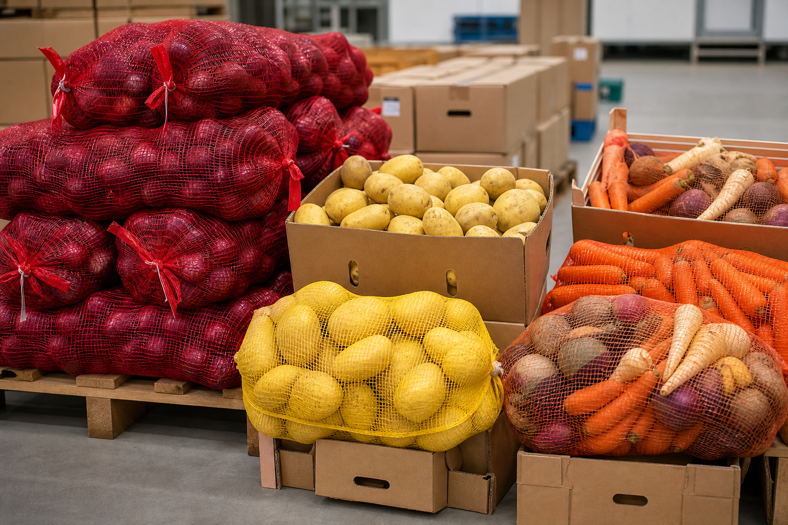 Onions potatoes and root vegetables packed for container export