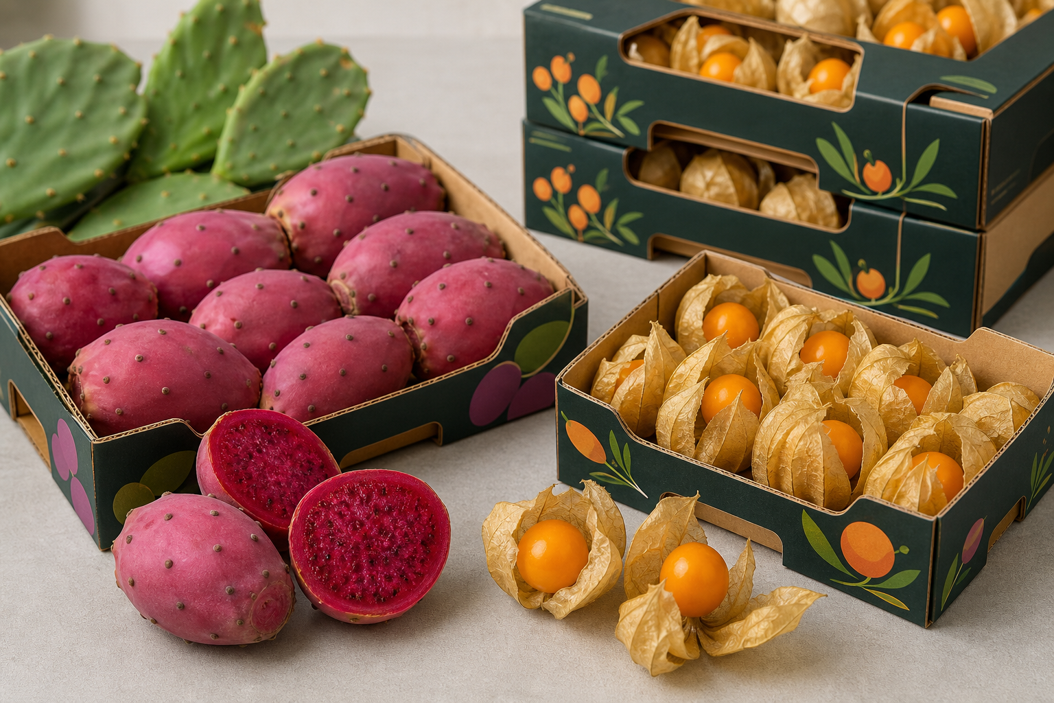 Prickly pear and physalis displayed as premium specialty export fruit