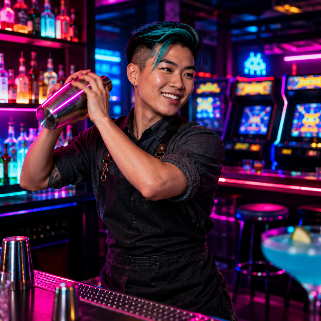 Jordan, bartender with shaved sides and teal streaks mixing a bright cocktail under arcade neon lights