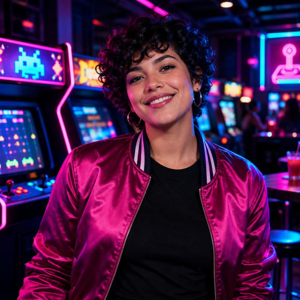 Maya, nightlife host with short curly dark hair, neon magenta jacket, and a warm welcoming smile in an arcade bar