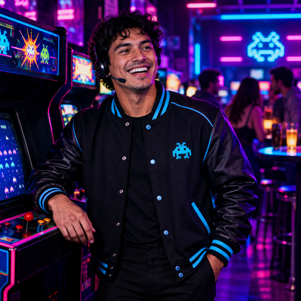 Rio, arcade floor host with retro varsity jacket and headset, laughing beside glowing game cabinets