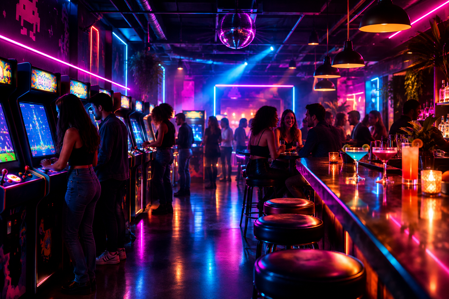 Retro arcade bar interior with glowing magenta and cyan neon lights, classic arcade cabinets, stylish lounge seating, cocktails on a bar counter, and energetic nightlife atmosphere