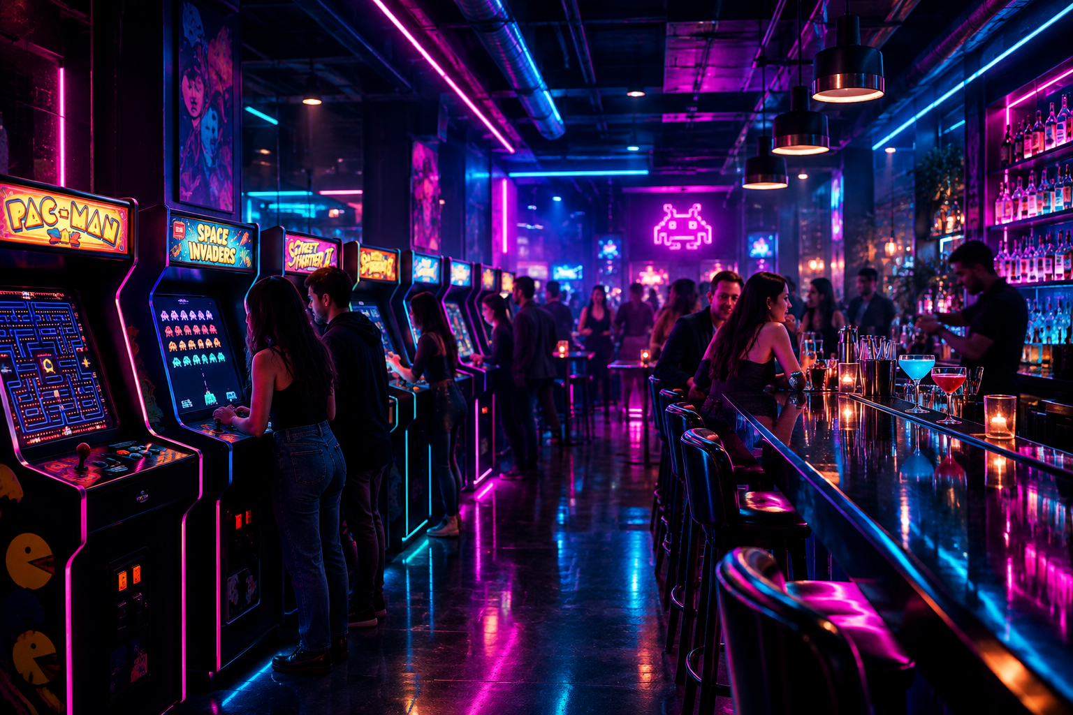 Stylish Pixel Pulse interior with glowing arcade cabinets, magenta and cyan neon reflections, polished bar surfaces, and a lively nightlife atmosphere