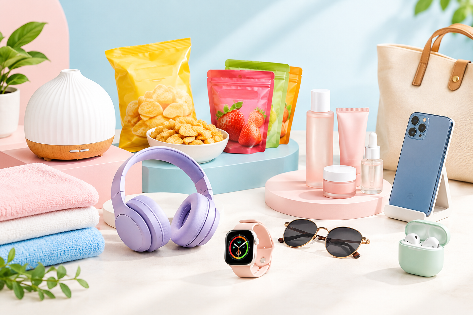Polished assortment of mixed retail products arranged in a bright lifestyle composition